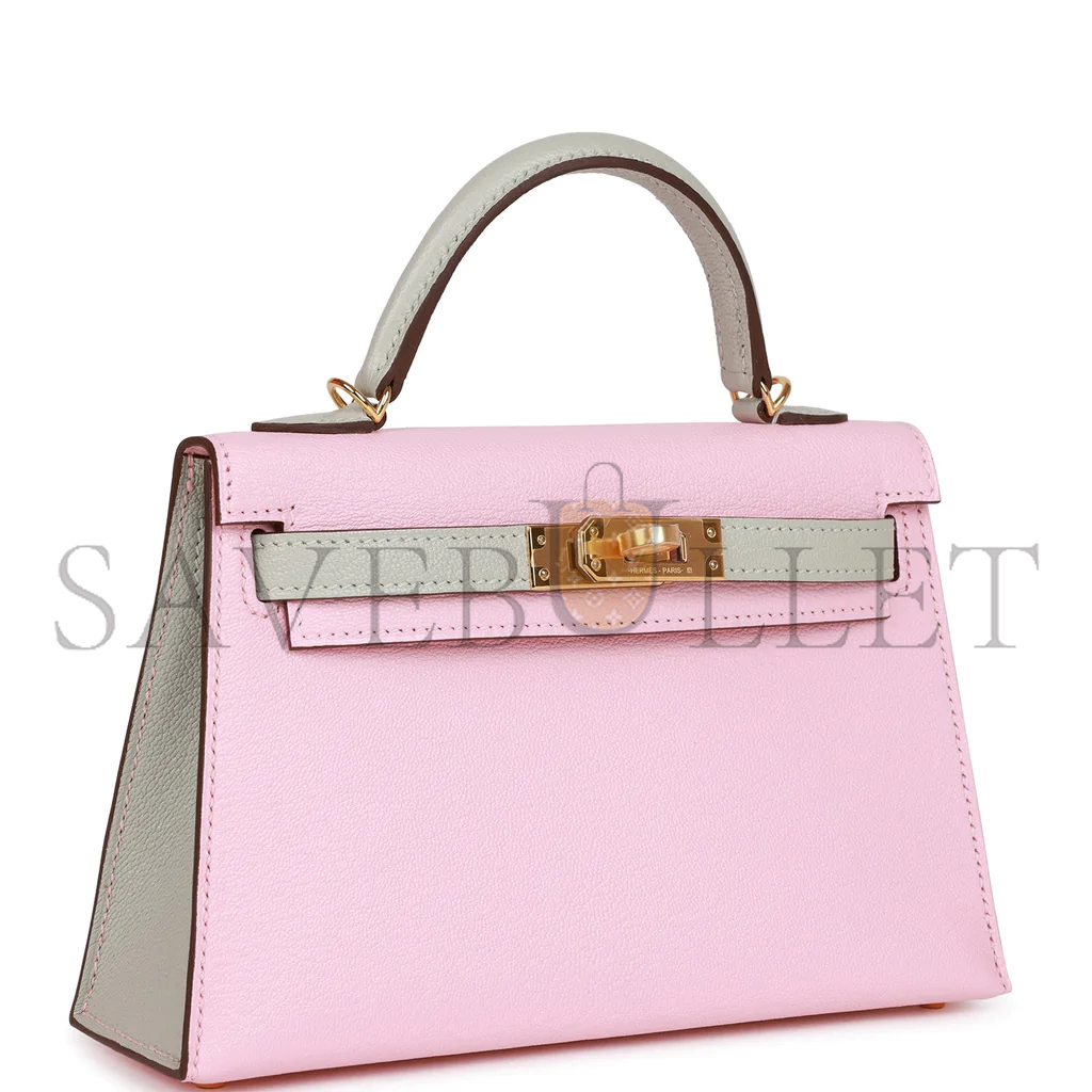 H**mes mini kelly ii rose sakura and gris perle chevre gold hardware (19*12*5.5cm)